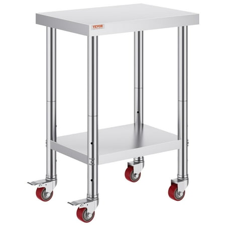 CAFORKP 3-Shelf Adjustable Stainless Steel Work Table on 4 Locking Wheels 24x18x34 Inch Heavy Duty Commercial Food Preparation Worktable for Kitchen