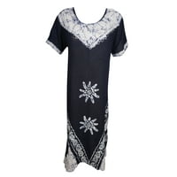 Mogul Women's Loose Caftan Dress Batik Embroidered Short Sleeves Black White Round Neckline Rayon Boho Chic Dresses