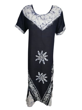 Mogul Women's Loose Caftan Dress Batik Embroidered Short Sleeves Black White Round Neckline Rayon Boho Chic Dresses