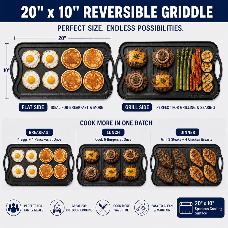 CHEFSPOT 20" x 10" Cast Iron Reversible Grill and Griddle photo 2