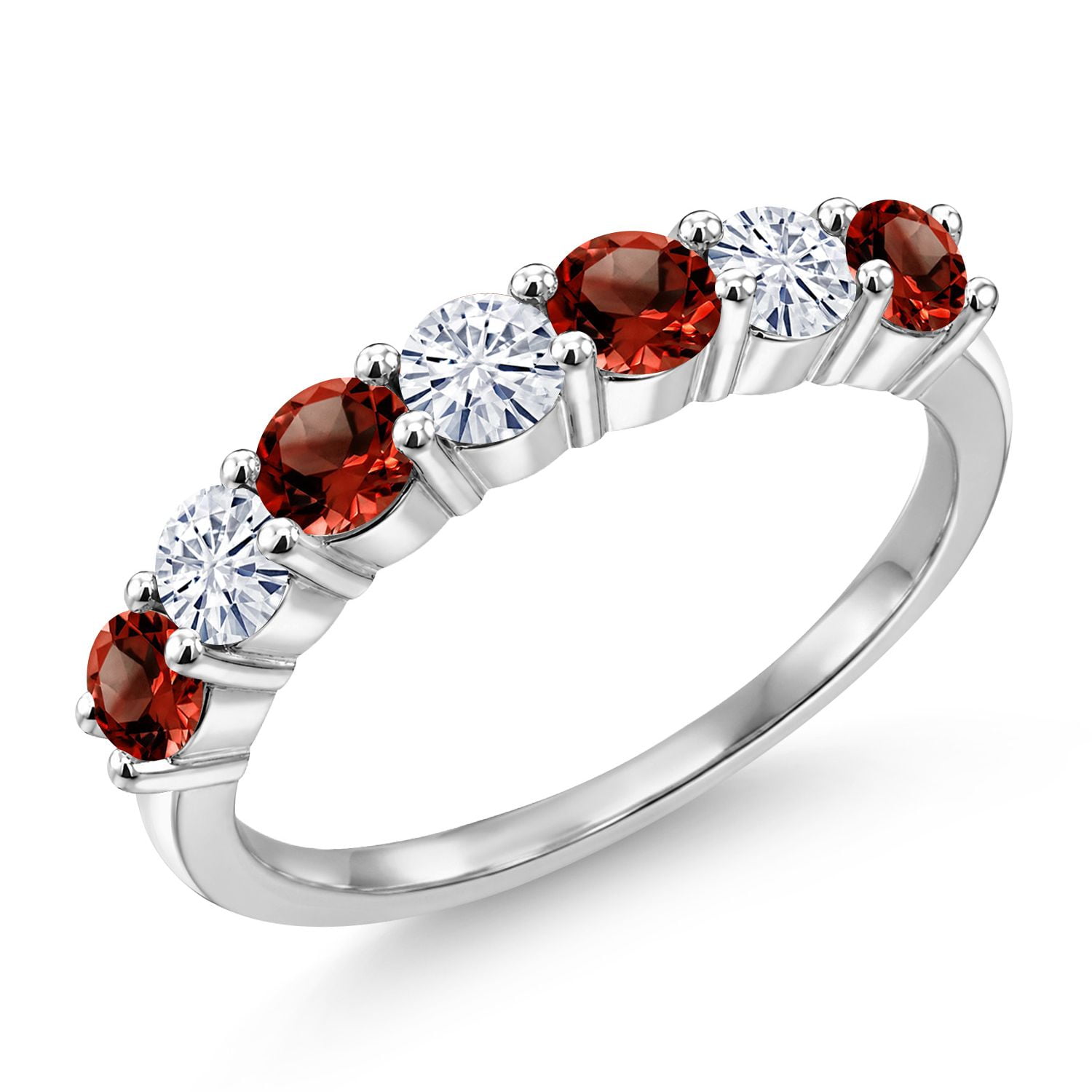 Gem Stone King 925 Sterling Silver Round Garnet Moissanite Anniversary Ring for Women (1.28 Cttw, Gemstone Birthstone, Size 9)