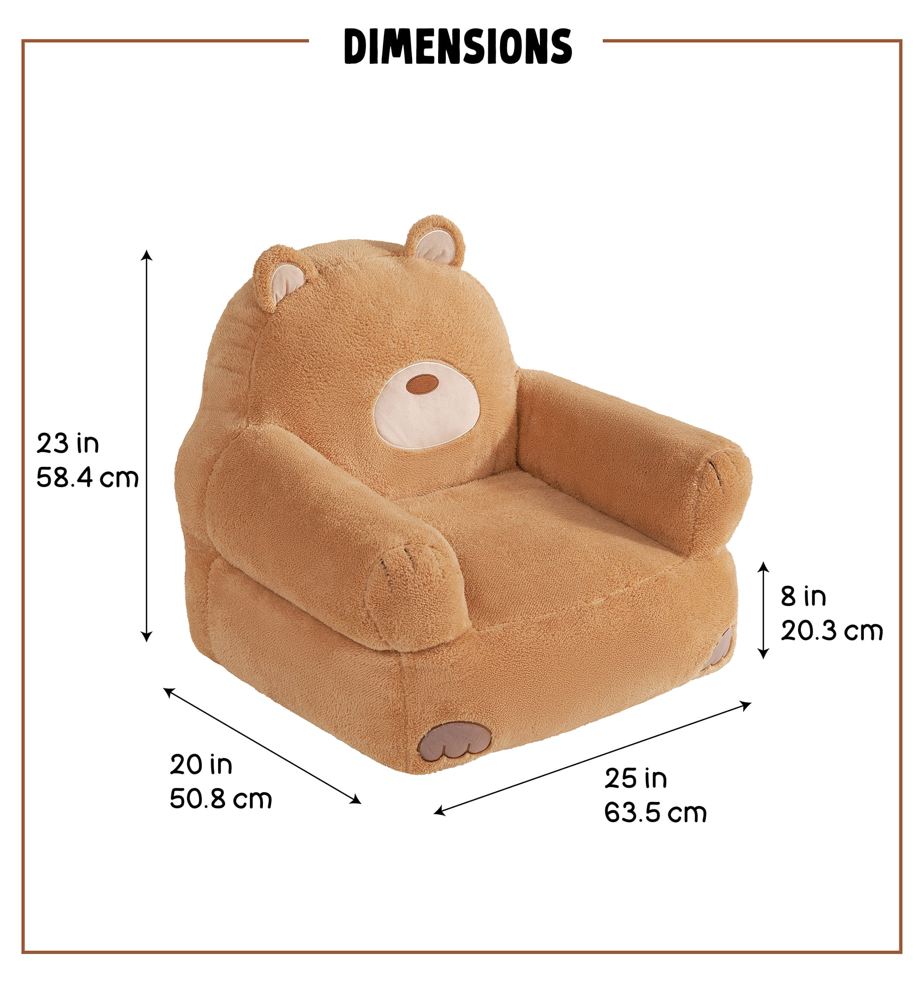 Lounge & Co KidsTeddy Bear Large Foam Filled Bean Bag Chair, Brown Plush, 25" W x 20" D x 23" H