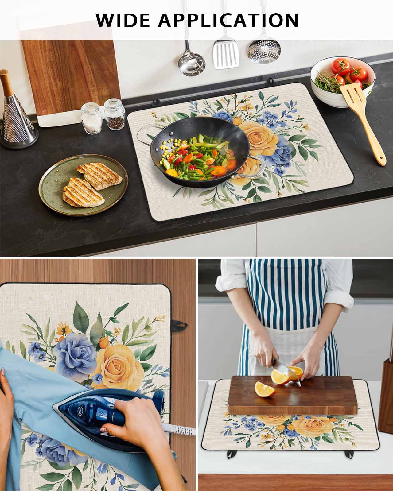 nqOlkjepod Large Induction Cooktop Protector Mat 36"x21", Yellow Blue Floral Stove Top Covers for Electric Stove, Eucalyptus Leaves Botanical Stove Burner Cover Mats, Glass Top Stove Cover