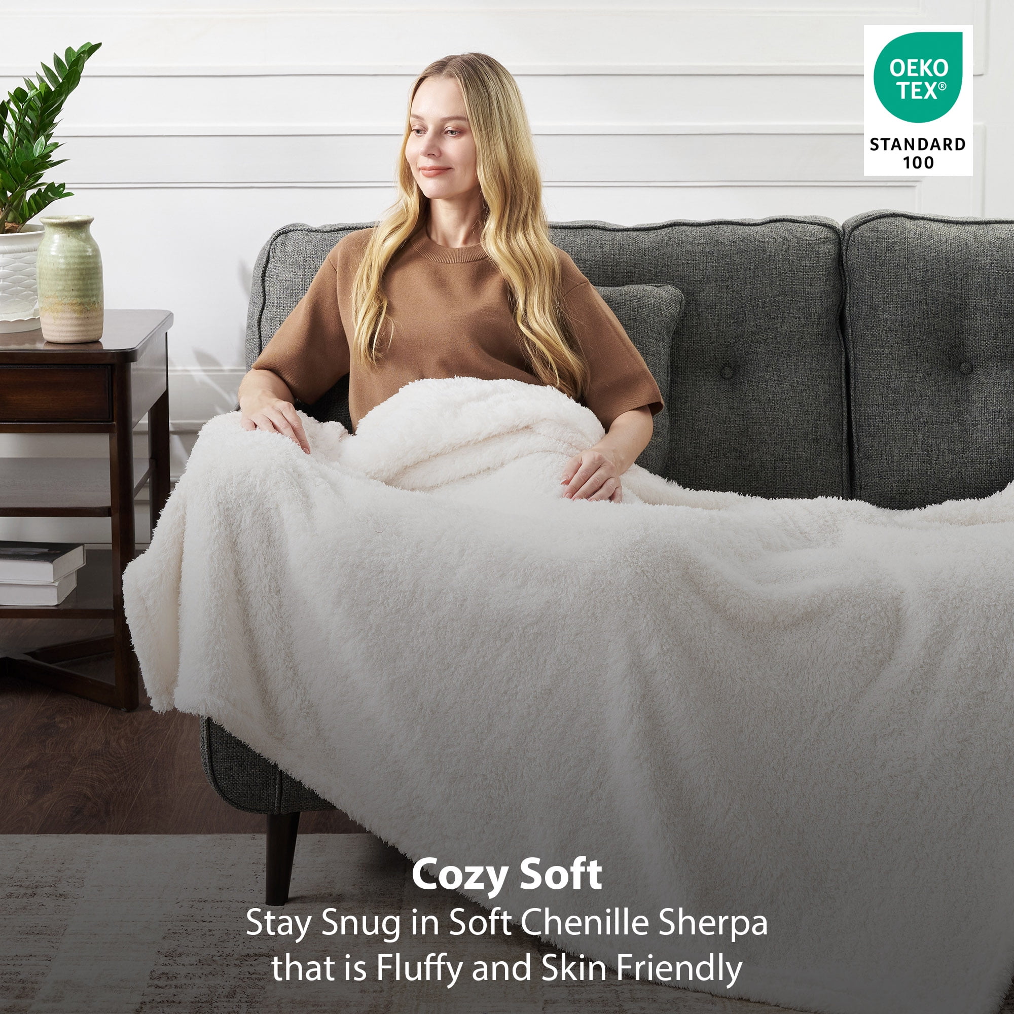 CBCHome Cozy Chenille Sherpa Throw Blanket - Soft, Plush, Fluffy Sofa and Bed Throw, Great Gift for Women, Teens - All Season Home Décor (Off White, 50" x 60")