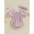 thumbnail image 5 of Musuos Infant Baby Girl Summer Jumpsuit 0-18Months  Solid Color Short Sleeve Square Neck Shirred Romper with Bow Headband, 5 of 10