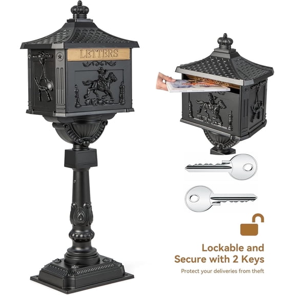 Elleree Retro Mailbox Cast Aluminum Mail Box Postal Box with Post & Lockable Security Baffle Door Black