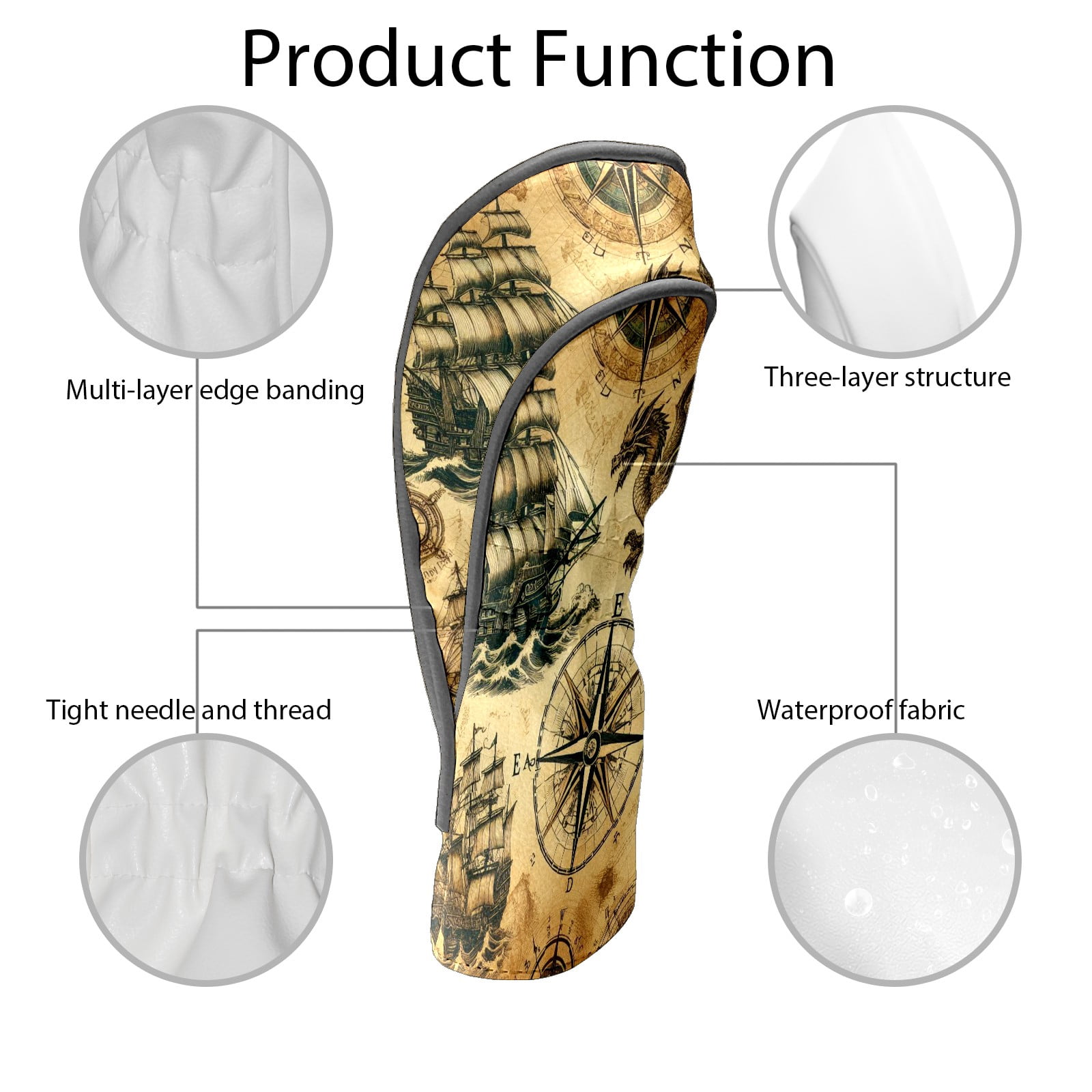 Golf Club Covers, Vintage Brown Sailing Dragon Premium PU Leather Driver Hybrid Putter Head Covers with Velvet Lining, Waterproof Golf Gifts for Men Women