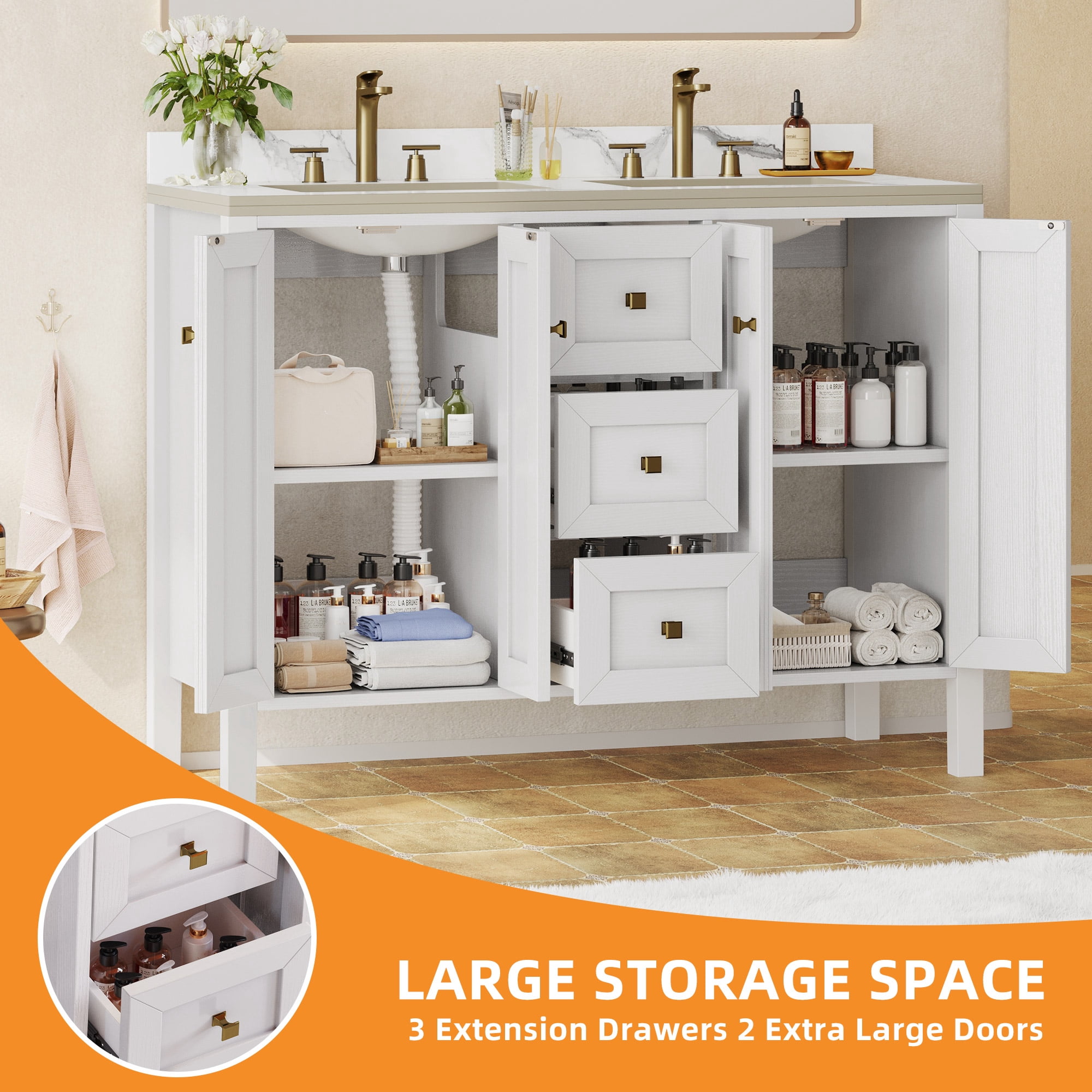 Uforic 47 Inch Double Sink Bathroom Vanity, Mid-Century Modern Bathroom Storage Cabinet with Sintered Stone Countertop, 4 Soft-close Doors & 3 Drawers