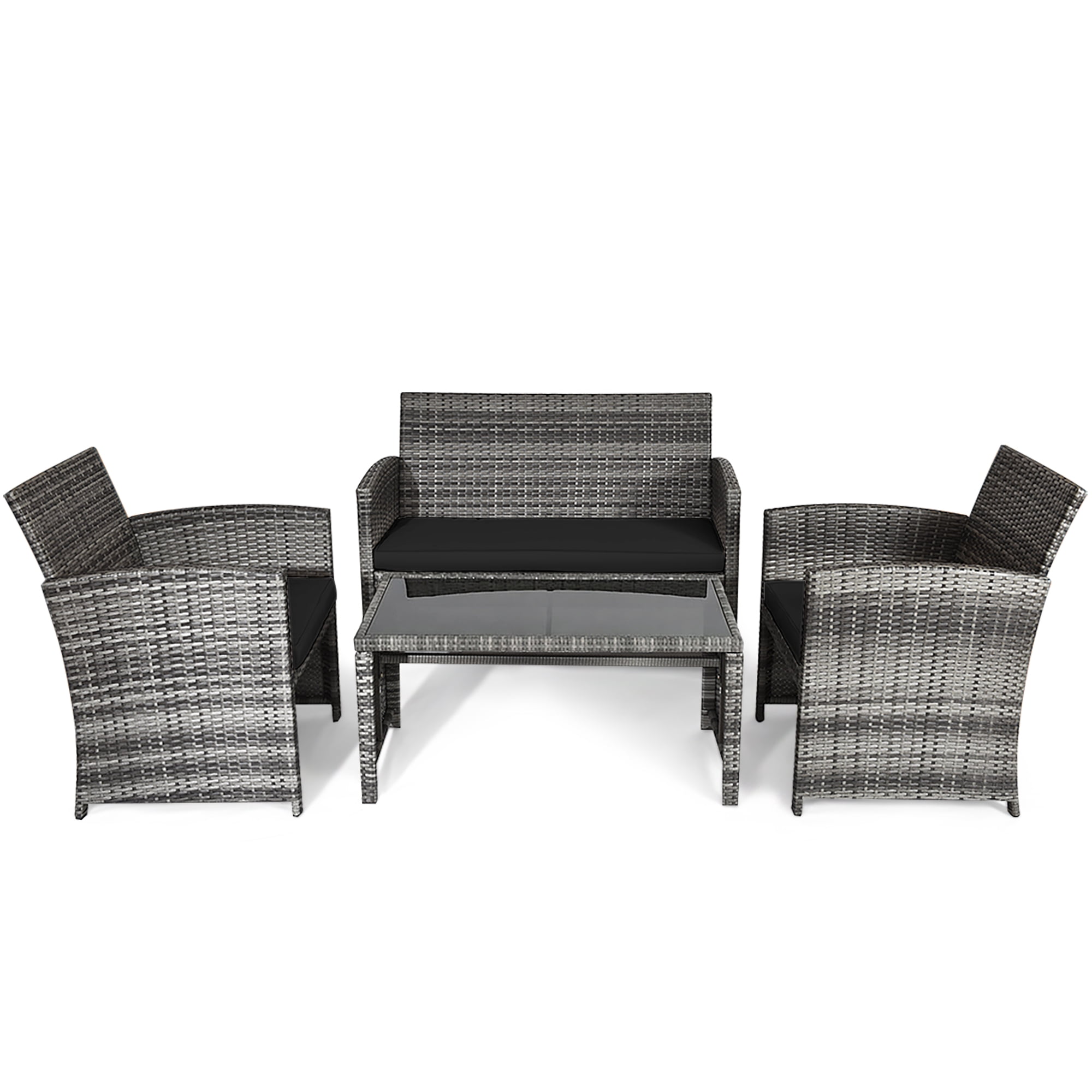 Costway 4PCS Patio Rattan Furniture Set Conversation Glass Table Top Sofa Cushioned, Black