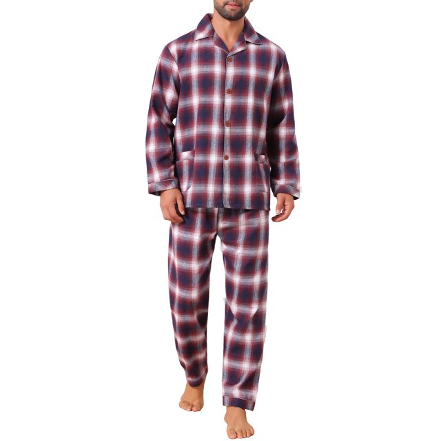INSPIRAR CHIC Conjunto de Pijamas de 2 Piezas de Manga Larga con Botones Casual a Cuadros en Rojo y Azul Talla S