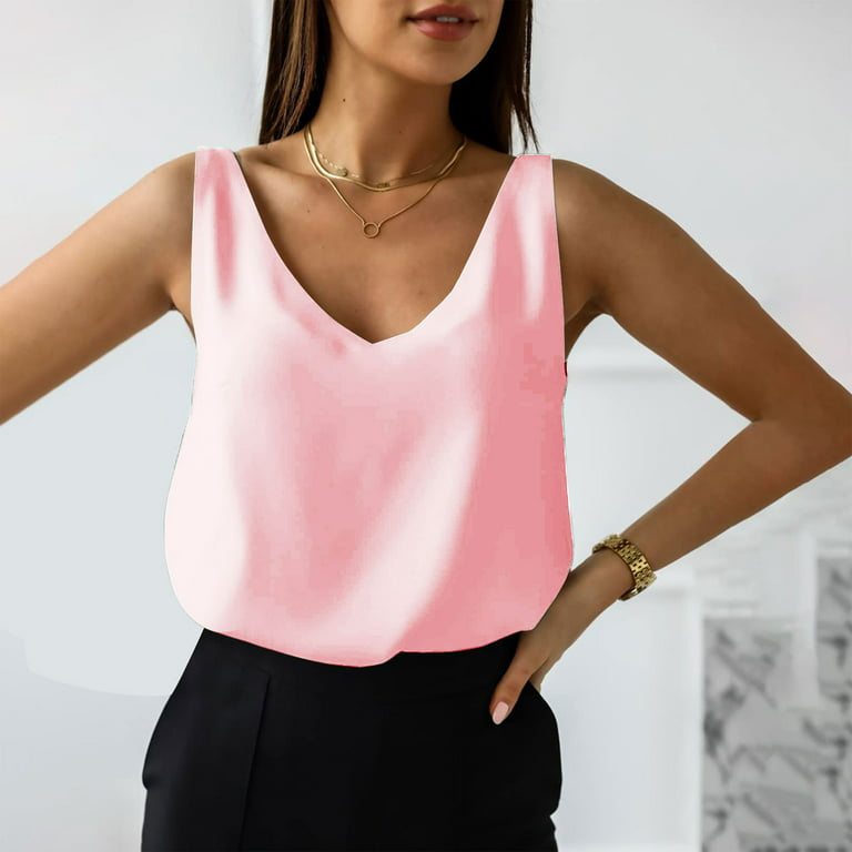 RQYYD Reduced Womens Silk Satin Tank Tops V Neck Casual Cami Sleeveless  Camisole Blouses Summer Loose Fit Basic Tank Shirt Pink L