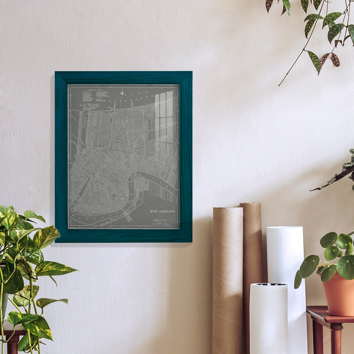 City Map of New Orleans -Framed Print w/glass-Ocean Blue