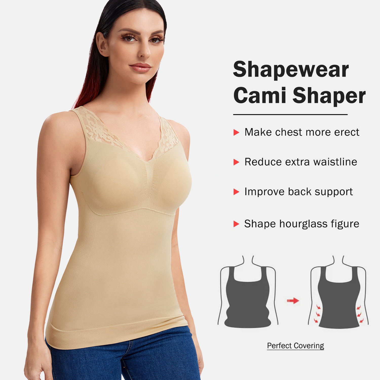SLIMBELLE Womens Padded Camisole with Lace Cami Tummy Control Shapewear  with Built in Bra