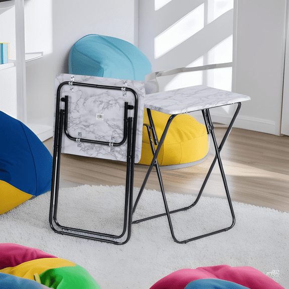 FurnitureR Folding Tables Set of 2, Space-Saving Lightweight White Marble Side Tables, Metal Frame, Perfect for TV Trays, Workstations, and Snacks