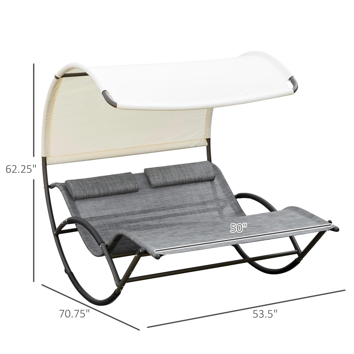 Demi Bonn Patio Outdoor Double Chaise Rocking Chair, Day Bed Sun Lounger with Canopy Shade, Headrest Pillow, Armrests for Garden, Poolside, Gray