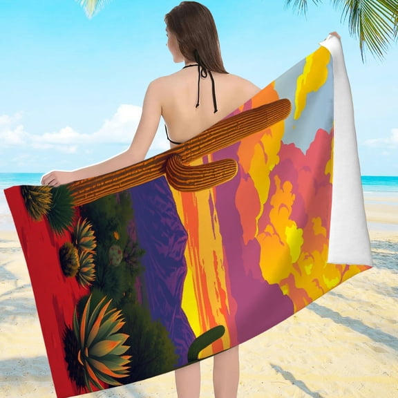 RKSupls Desert Cactus Sunset Microfiber Beach Towel, Extra Large Quick Dry Lightweight Towel for Travel Swimming Camping, Soft Super Absorbent- 55.1x27.6in