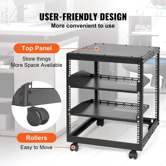 Adjustable Depth 12U Server Rack, 15-40 Inch 4 Post AV Rack with Casters, Holds Router, Modem, Patch Panel & IT Equipment