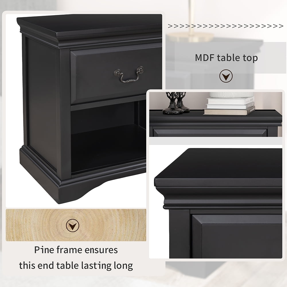 Lowestbest Modern Solid Wood Bedside Table, Living Room Side Table Coffee Table with 1 Drawer, Black Lowestbest Modern Solid Wood Bedside Table, Living Room Side Table Coffee Table with 1 Drawer, Black