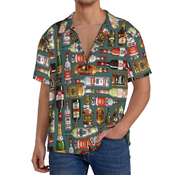 Balery Alcohol Bottles Camisa Casual de Manga Corta con Botones para Hombre, Texturizada, Estilo Cubano, para Playa, Verano-4X-Large