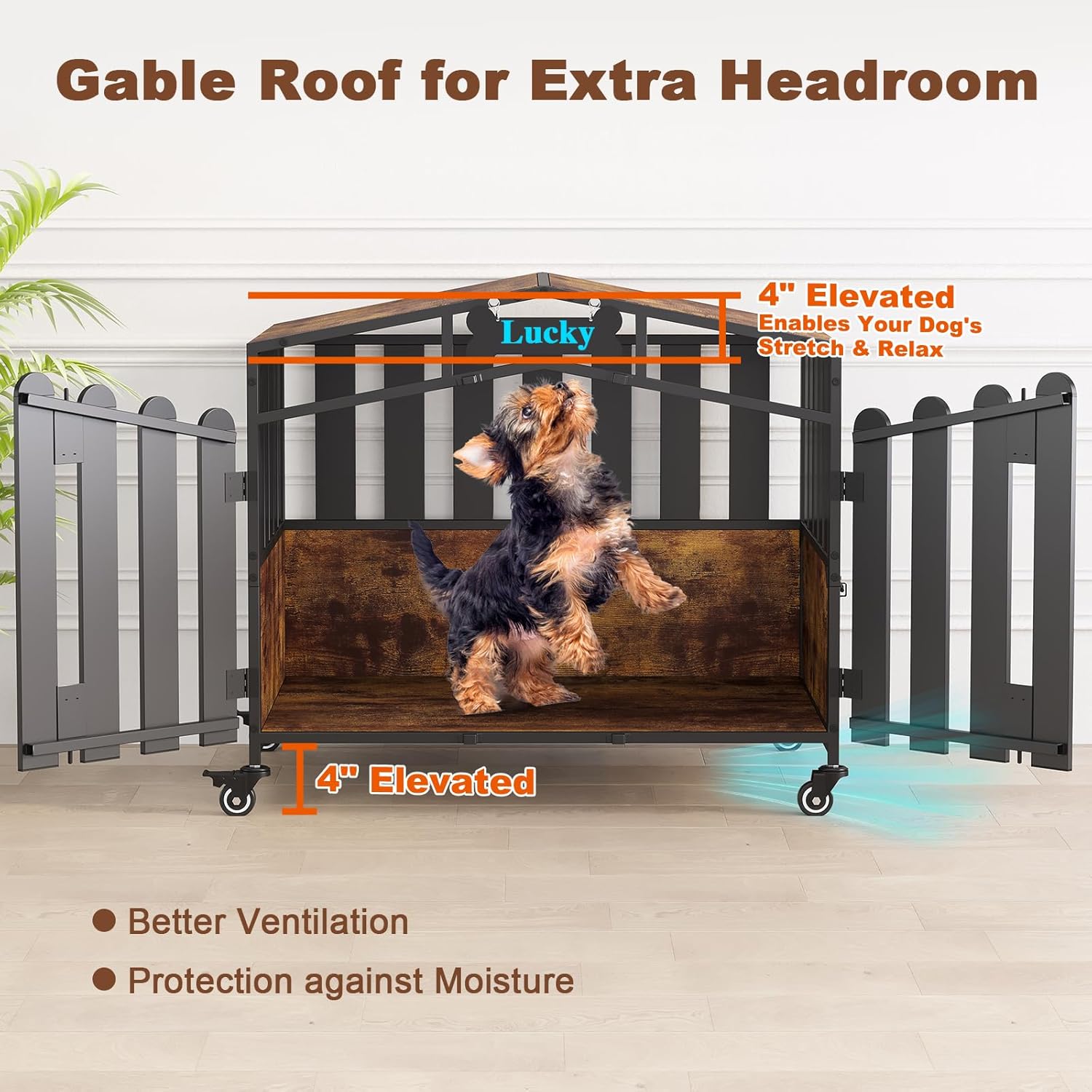 POAO 31"Heavy Duty Dog Crate Furniture with 360°Wheels,Dog Kennel Indoor for Small Dogs,Wooden Dog Cage with Feeding Window &Name Tag,Brown