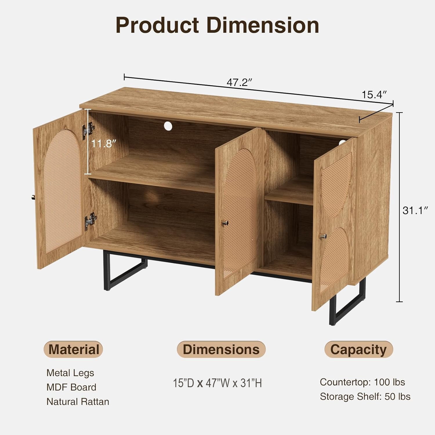 Sideboard Buffet Cabinet with 3 Rattan Doors, 47.2” Kitchen Storage Cabinet with Adjustable Shelf and Metal Legs for Dining Living Room, Hallway, Entryway, Beige