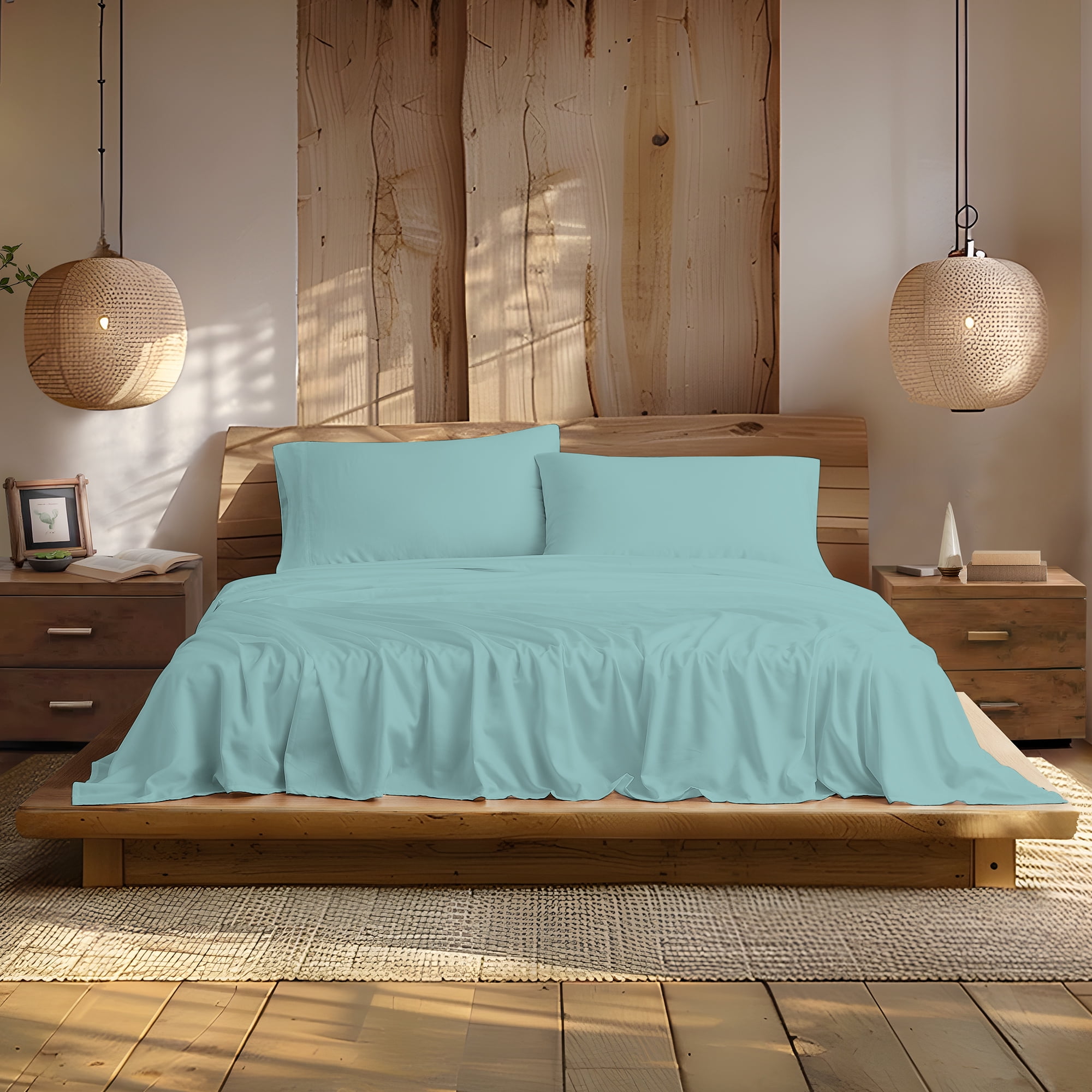 Color Sense 4-Piece 1200 Thread Count Cotton Blend Sateen Bed Sheet Set, Wrinkle-Resistant, Super Soft, Extra Deep Pocket, Hotel Luxury Bedding, King, Aqua
