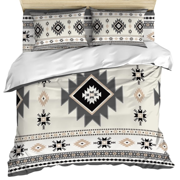 Gray Beige Boho Duvet Cover Set, Ethnic Tribe Southwestern Vintage Soft Duvet Cover Queen Size Bedding Set 4 Pieces, 1 Quiltcover and 2 Pillowcases with Zipper, 1 Bed Sheet for All Seasons