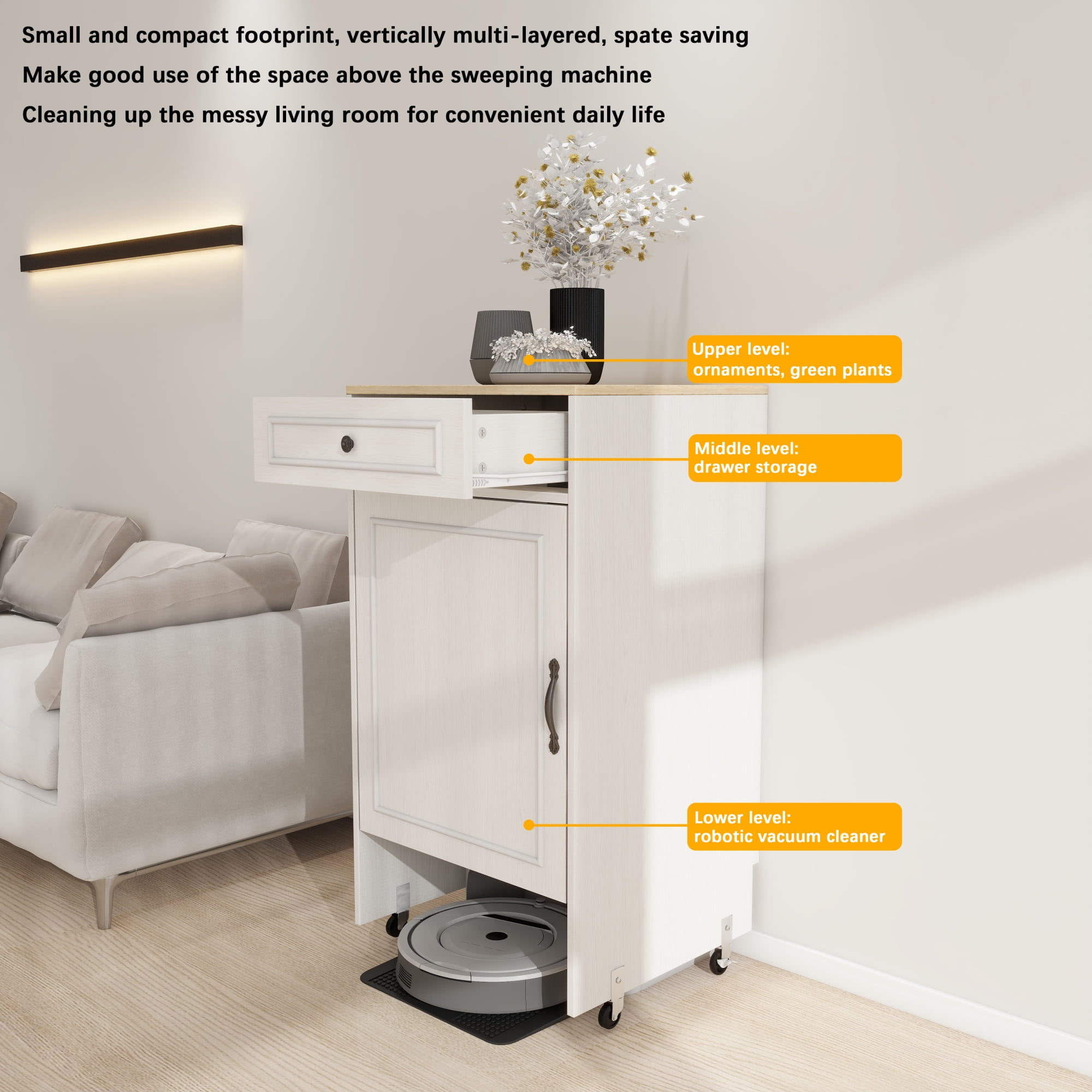 Leumius Sweeping Robot Storage Rack with Doors and Drawers,Side Table for Living Room, Home Office,Kitchen-Antique White