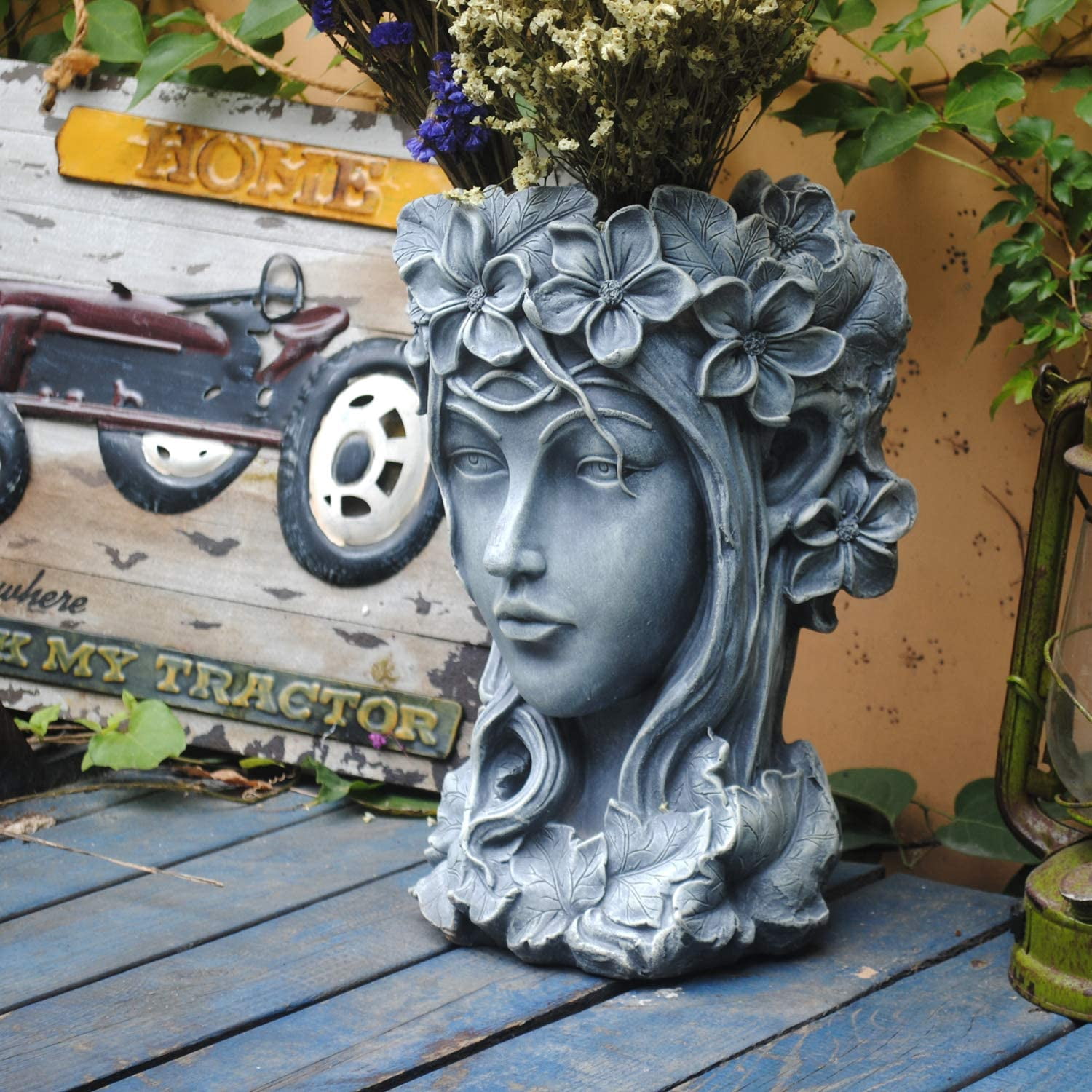 Sungmor Goddess Head Resin Planter for Garden Gray 9×9×14 In Ornaments