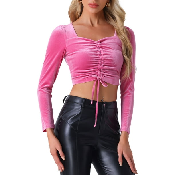 INSPIRAR CHIC Blusa de Terciopelo con Cuello Cuadrado y Mangas Abullonadas de Cuerda para Mujeres S Rosa Fucsia