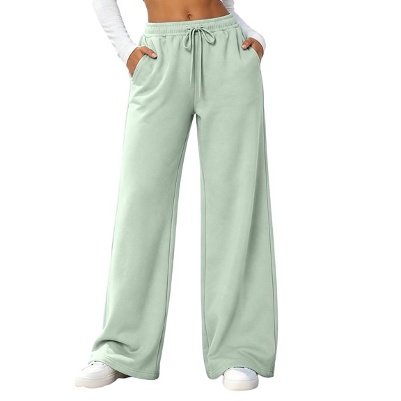Women's Wide Leg Pants High Waisted Drawstring Elastic Waist Loose Fit Solid Color Palazzo Lounge Trousers with Pockets