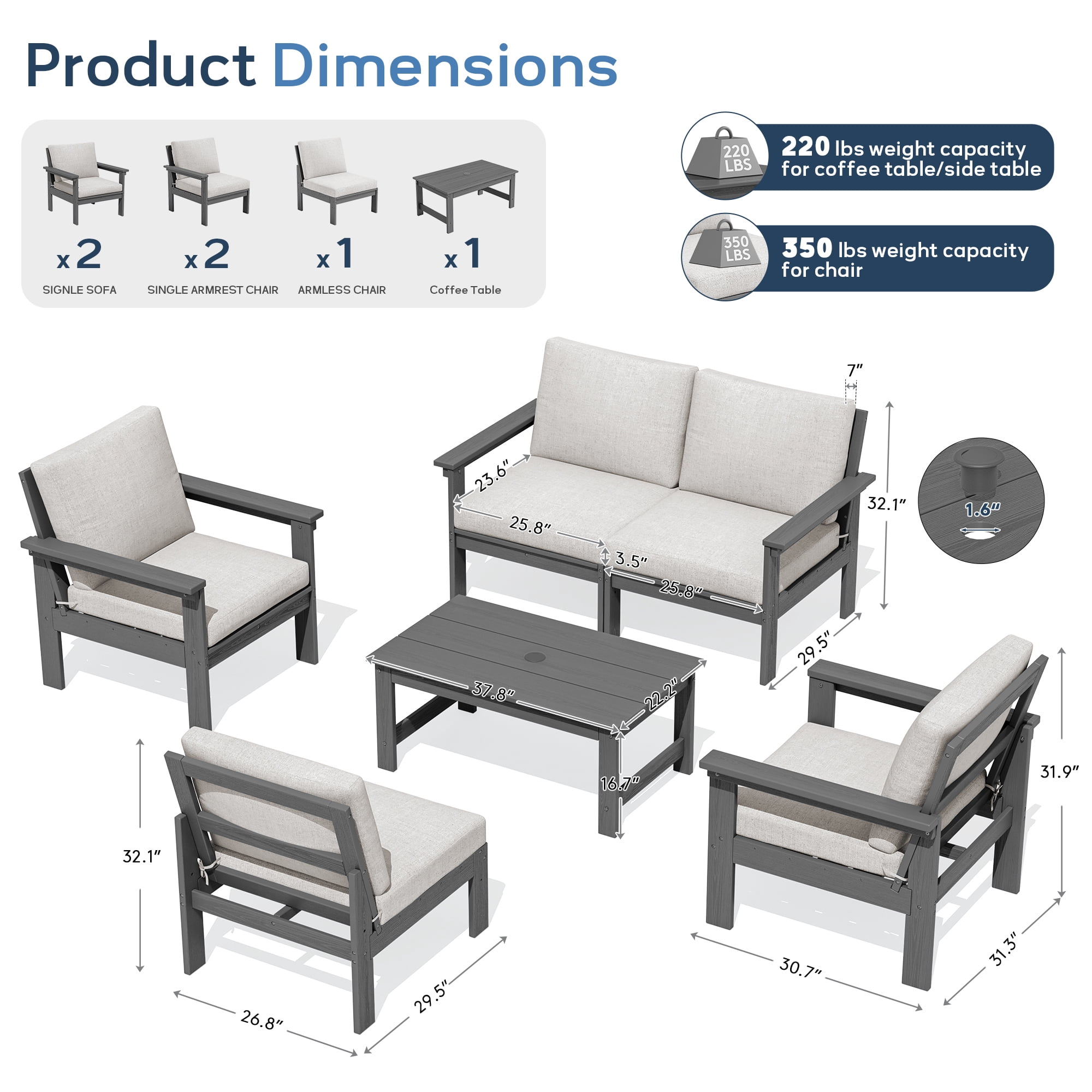 SERWALL Outdoor Patio Furniture Set, 6-Piece HDPE Outdoor Sofa Set Patio Conversation Set, Grey Frame with Beige Cushions