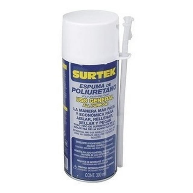 espuma de poliuretano uso general 300 ml 113520 surtek bote aerosol frontal con etiqueta azul y logo SURTEK amarilla y aplicador plástico blanco al costado; sistema de válvula para aplicación con lata invertida, para fijar, rellenar, aislar y sellar en reparaciones pequeñas del hogar, color amarillo, capacidad 300 ml; a menudo se usa también para rellenar cavidades en proyectos de bricolaje.