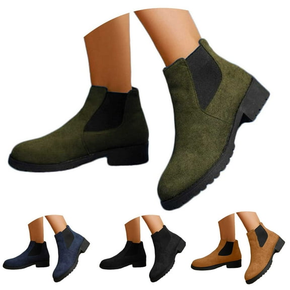 Dakaela Women's Chelsea Ankle Boots Low Heel Lug Sole Slip on Short Booties Suede Fall Winter Work Walking Shoes Black 6.5