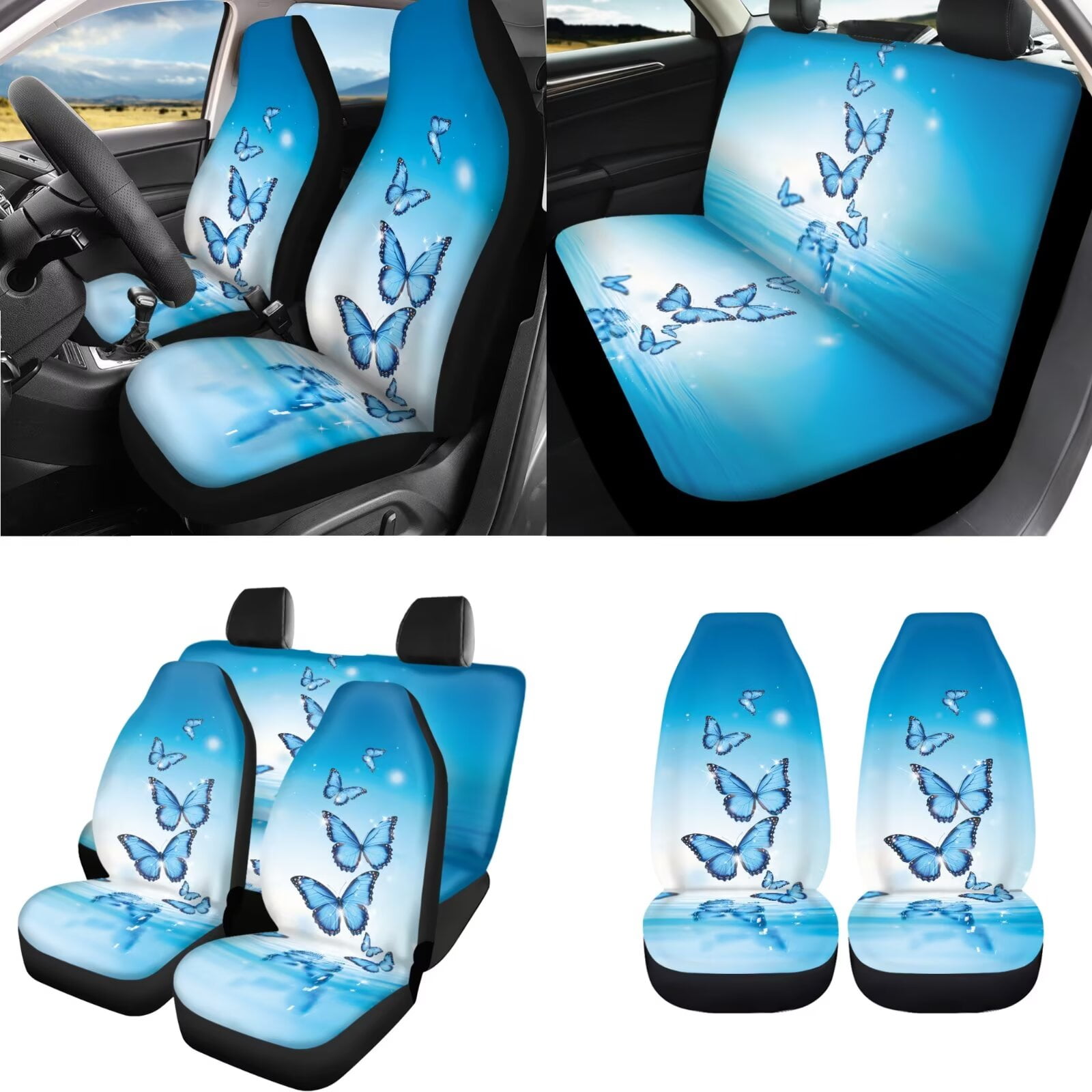Uorisanigo Butterfly Printed 18 Packs Car Seat Cover with Seat Belt Shoulder Pad Full Set Universal Steering Wheel Protector Armrest Covers Headrest Handbrake Grip Protector Coasters Keychains