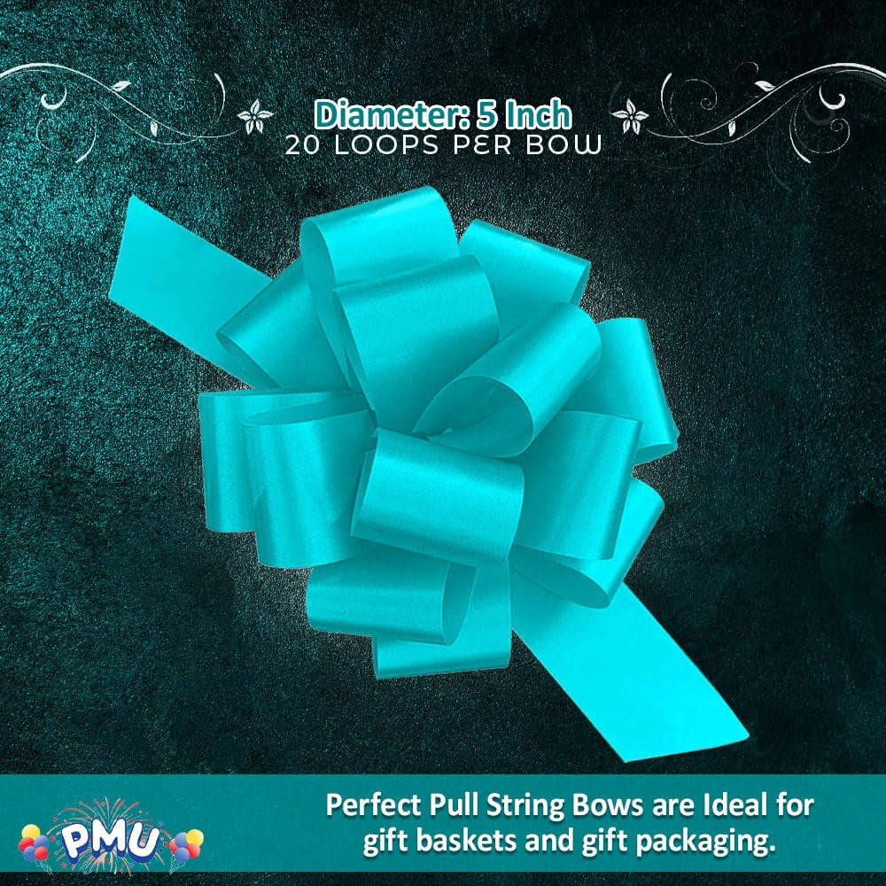 PMU Pull String Bows - Gift Bows for Wedding, Birthdays & Anniversaries - Ribbon Bows for Flowers & Basket Decoration - Large Bow for Gift Wrapping - 5 Inch 20 Loops Light Blue- (50/pkg) Pkg/1