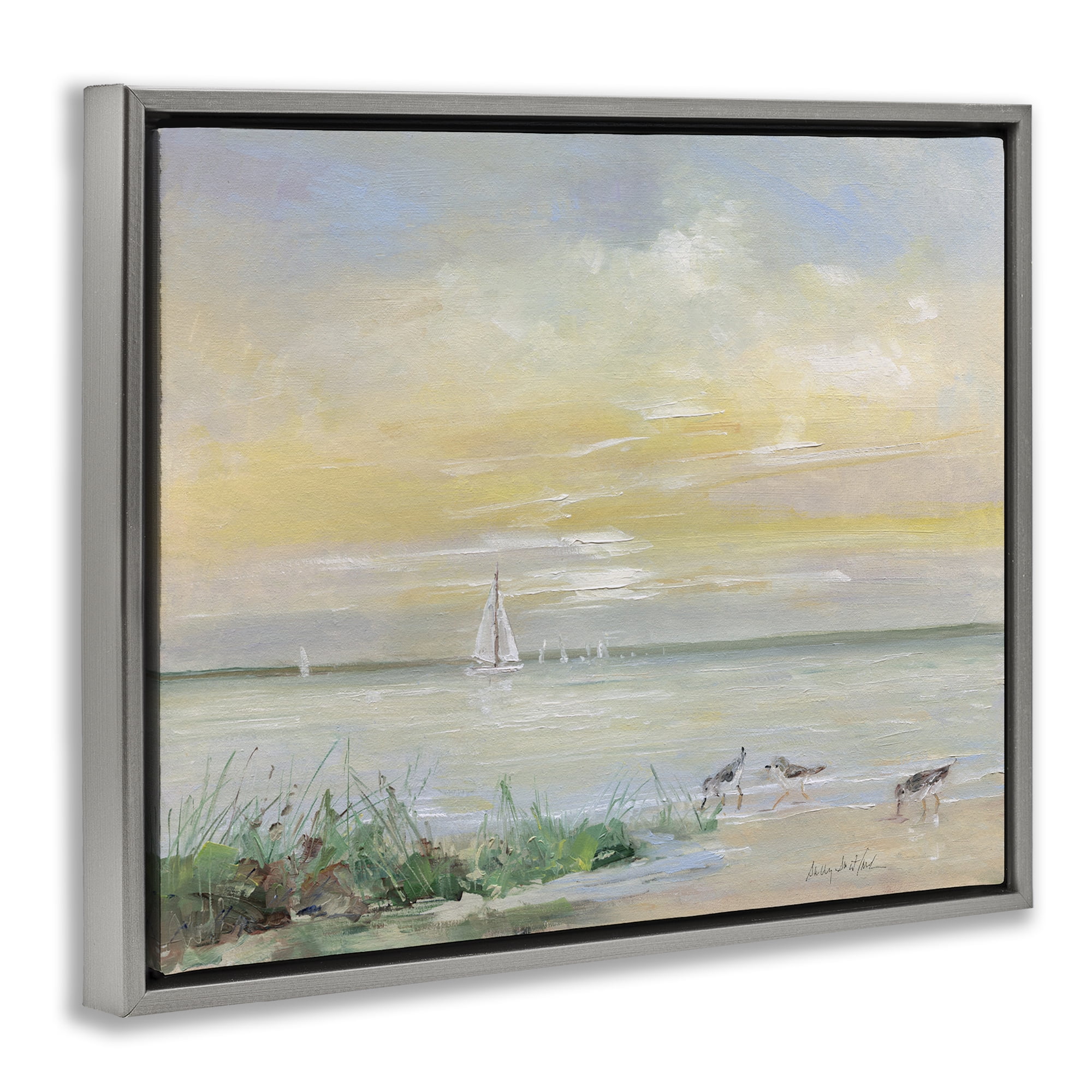 Stupell Industries Sailboats & Sanderlings Shore Gray Framed Floater Canvas Wall Art, design by Sally Swatland