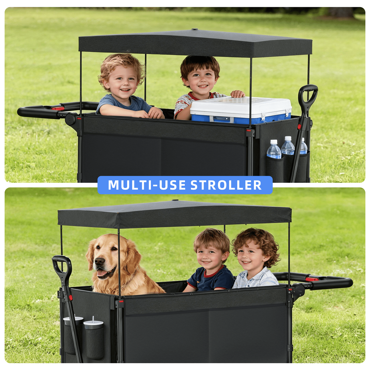 SaveJoy Stroller Wagon 4 Passenger, 4-Seater Wagon Stroller for 4 Kids with Canopy Parent Organizer & 5-Point Harness, Black