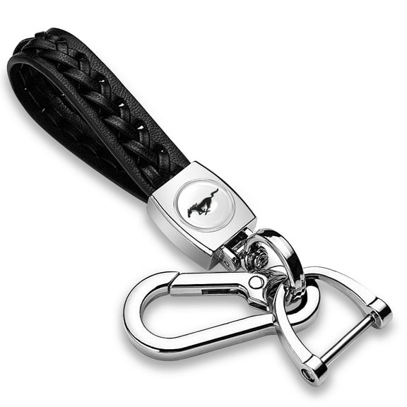 Ford Mustang Tri-Bar in Black Braided Rope Style Genuine Black Leather Key Chain