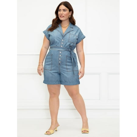 ELOQUII Elements Women's Plus Size Denim Romper