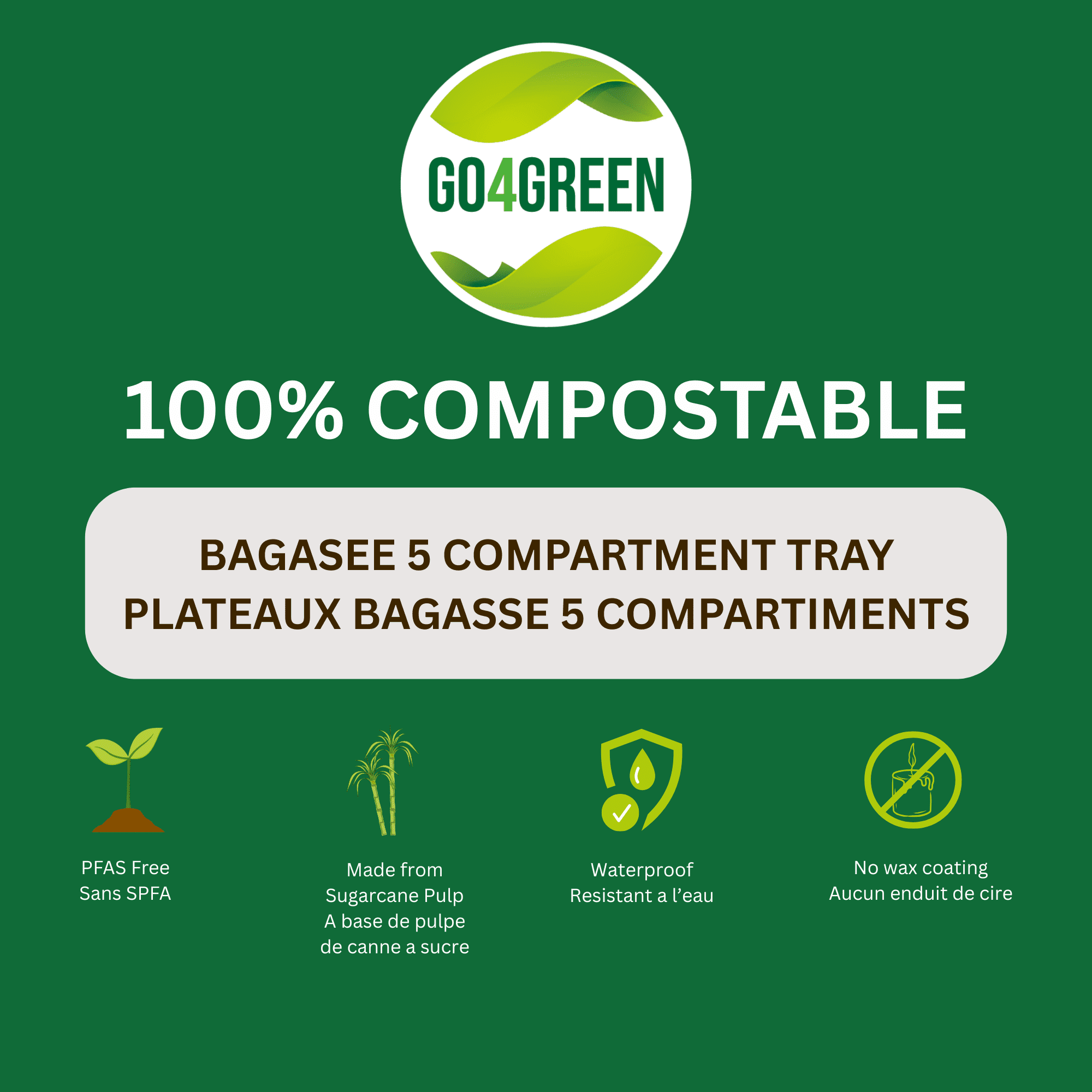 Verka Go4Green Plateaux Bagasse 5 Compartiments 80 pièces