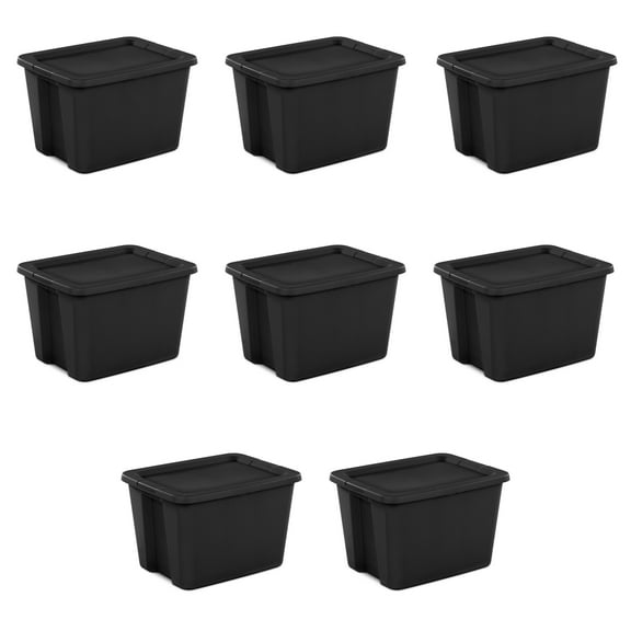 Sterilite Large Storage Bin, 18 Gallon Plastic Storage Container with Snap-On Lid, Black, Pack of 8