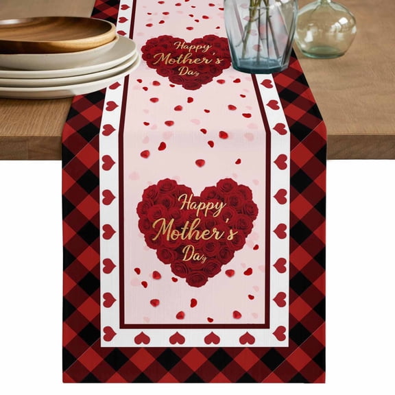 Happy Mother's Day Table Runner 72 Inches, Red Roses Love Hearts Buffalo Plaid Bed Runner Dresser Scarves Tabletop for Indoor Outdoor Parties/Ceremony/Banquet, 18" x 72"