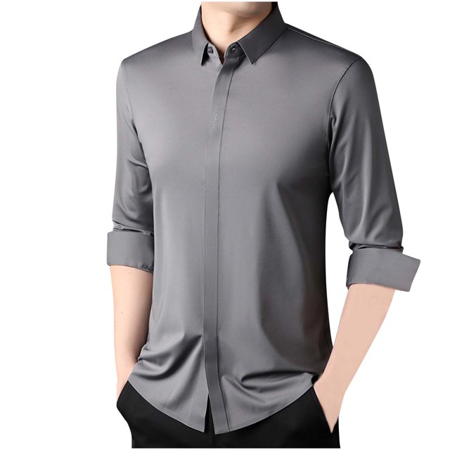 LNWUY Men's Long Sleeve Shirts Quick Dry Performance Shirt Spring Autumn Solid Color Padded Warm Comfortable Flip Collar Shirts Gray M