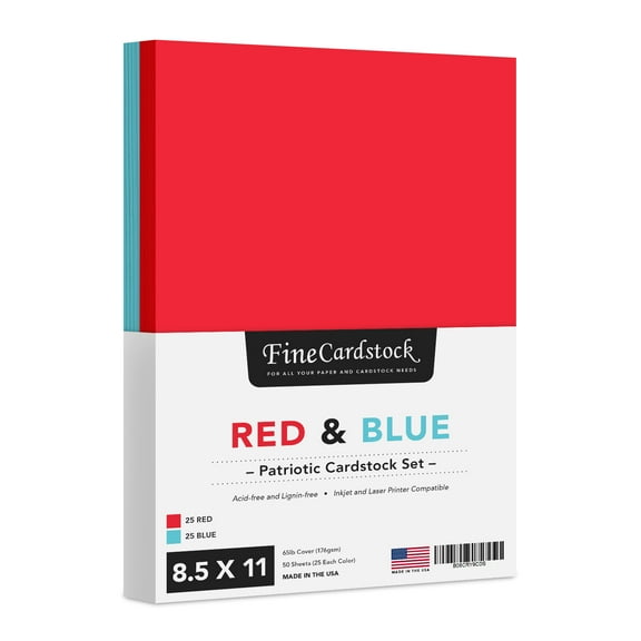 Patriotic Colored Card Stock Paper, American Red & Blue 8.5 x 11" Color Cardstock for 4th of July, Labor Day Greetings & Invitations, Arts & Crafts | 65lb Cover | 25 Red, 25 Blue (50 Sheets Total)