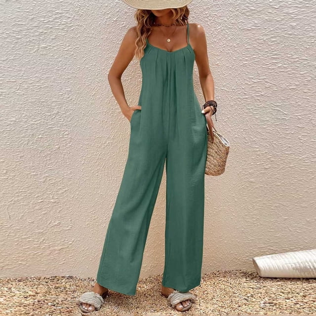 Maqroz Wide Leg Jumpsuits for Women Dressy Plus Size Adjustable Spaghetti Strap Pleated V Neck Button Down Rompers Jumpsuits Spring Summer Casual Loose Bib Overalls Palazzo Pants with Pockets XL
