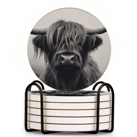 The Cow Has Large Symmetrical Horns And Fluffy Hair Set of 6 Ceramic Coasters with Holder, Absorbent Drink Bar Coasters, Table Coasters for Living Room Decor Tabletop Protection
