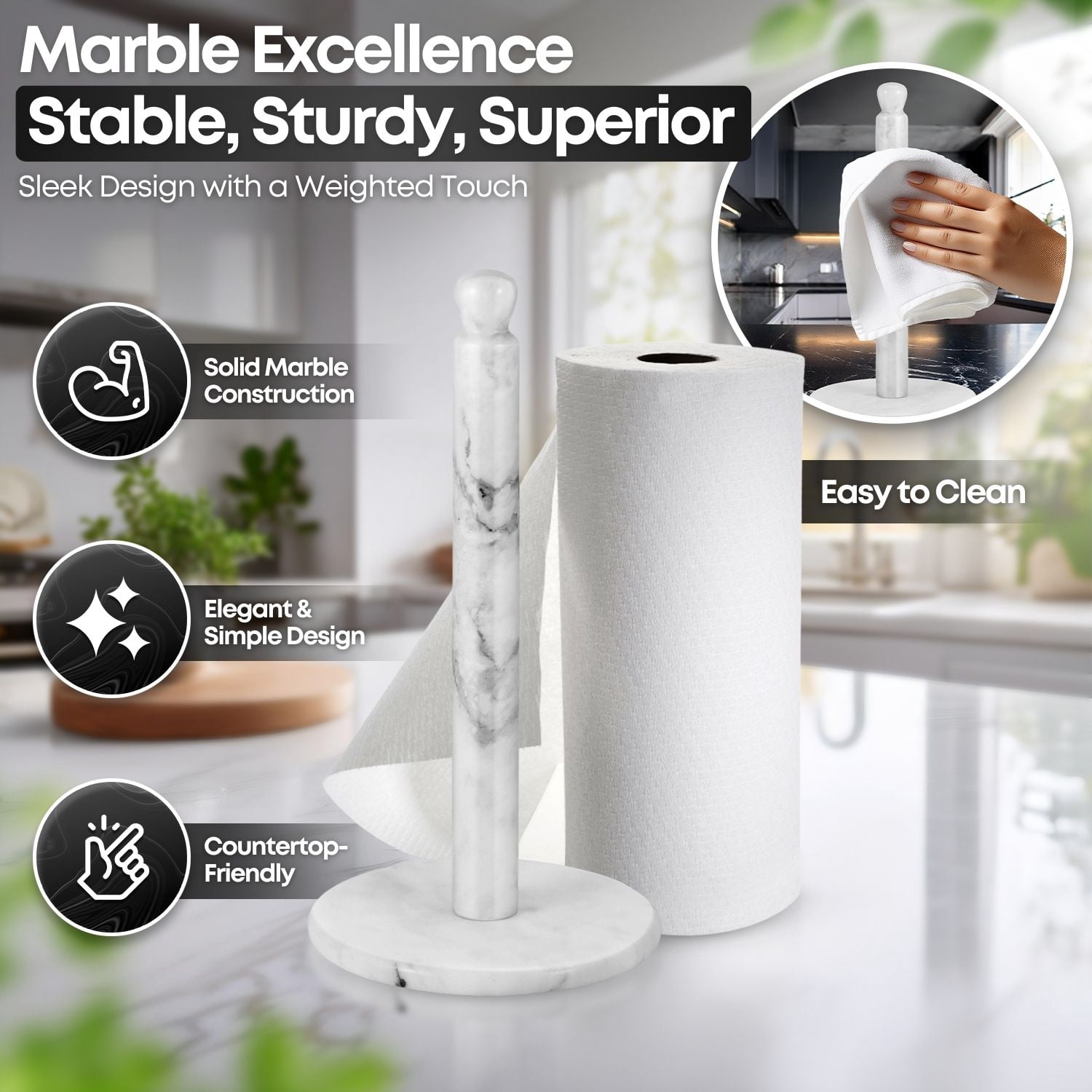 Marble Paper Towel Holder 12 inch (White Marble) Kitchen Paper Towels Roll Dispenser Stand Rack with Marble Pole and Weight Base for Countertop Tables Home Dining Bathroom Storage