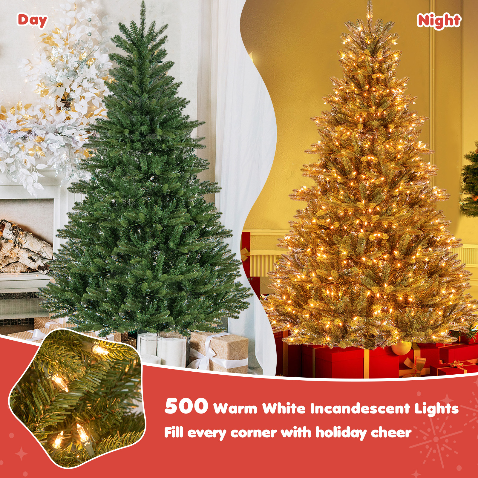 Topbuy 6FT Pre-lit Artificial Christmas Tree, 500 Warm White