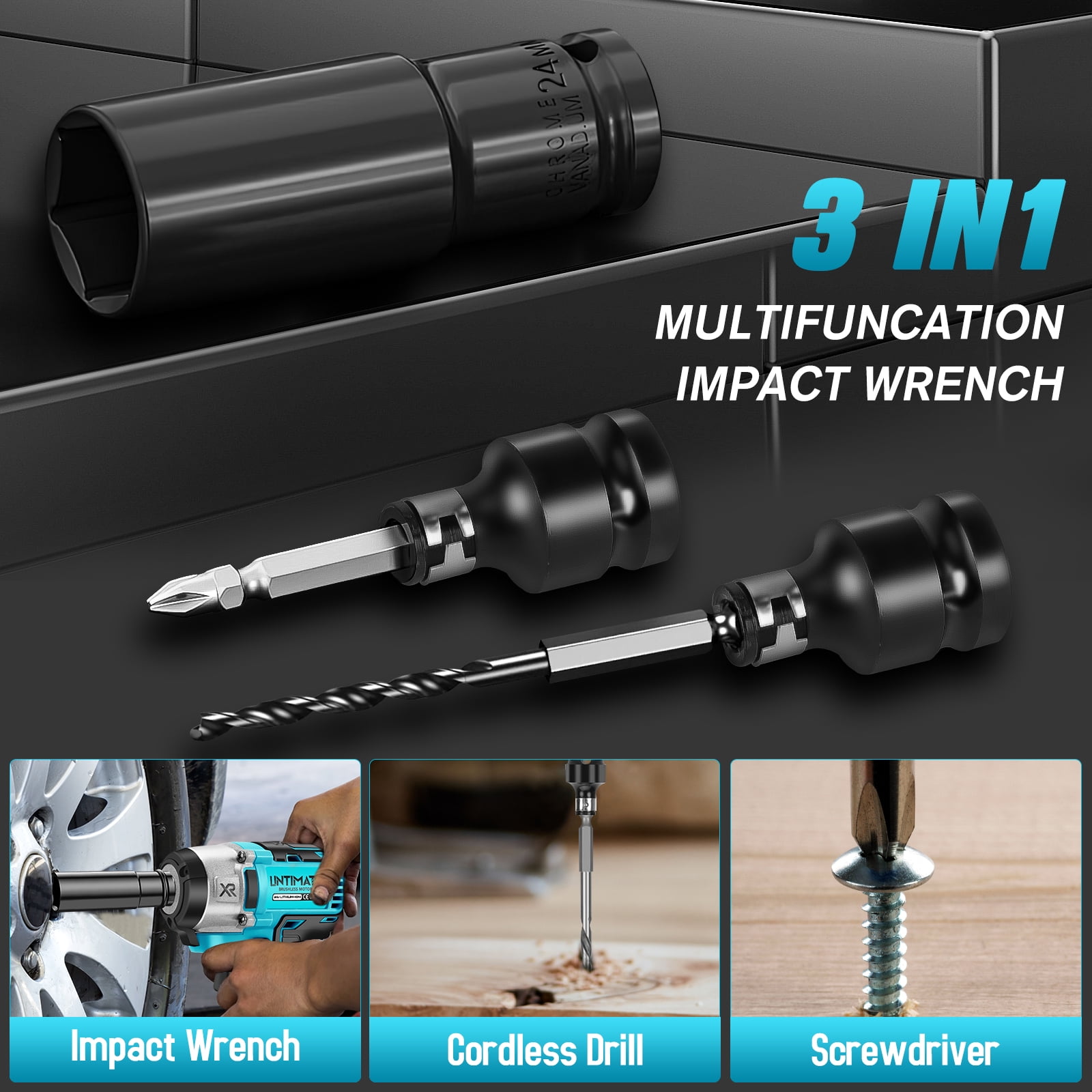 Power Cordless Impact Wrench 1/2", 21V Impact Brushless Motor with 2 x 2.0Ah Batteries, 2-Mode Speed & Max Torque 280 ft lbs (380N.m), Power Impact Wrench with 5 Sockets,8 Drill,6 Screws for Home Car